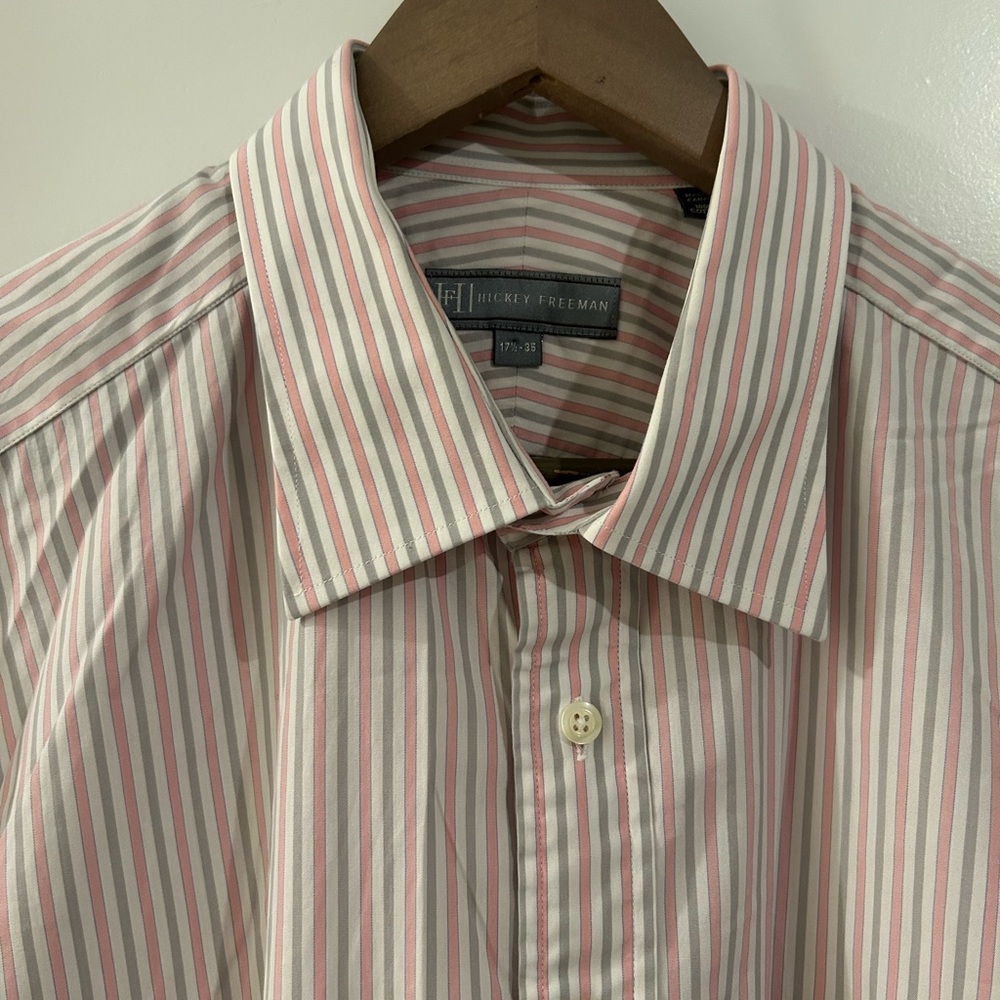 Hickey Freeman Striped Shirt White Pink Gray Size 17.5 Neck